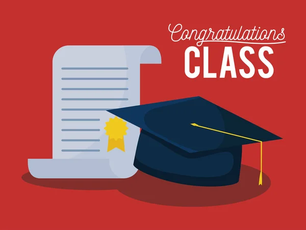Carte de célébration de la classe de graduation avec chapeau et diplôme — Image vectorielle
