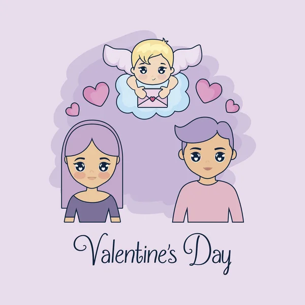 Valentin Tageskarte mit Paar und Amor — Stockvektor