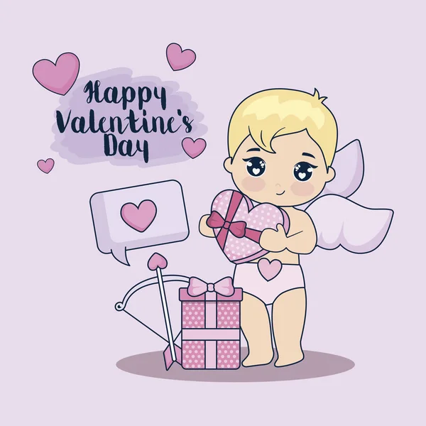 Valentine day card with cupid and set icons — Stock Vector