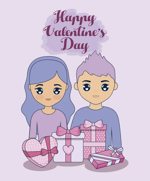 Día de San Valentín con pareja y regalos — Vector de stock