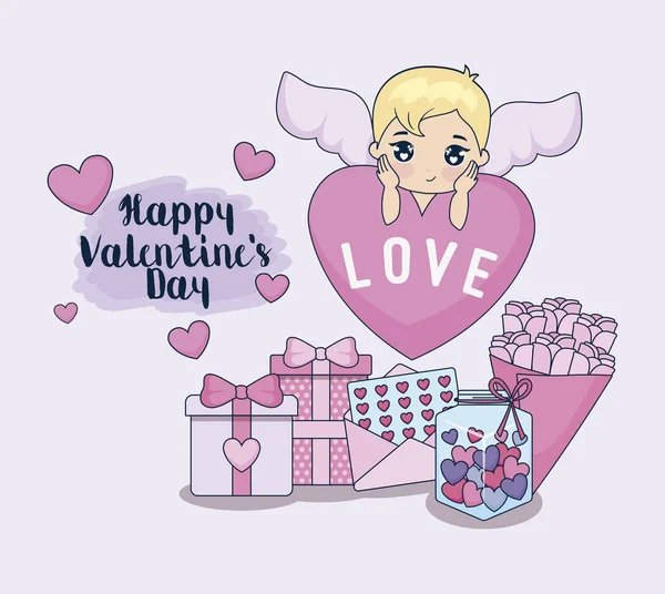 Valentine day card with cupid and set icons — Stock Vector