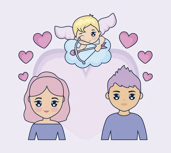 Valentine day card with couple and cupid — Stock Vector