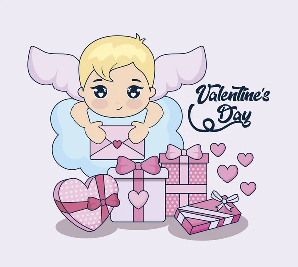 Valentine day card with cupid and set icons — Stock Vector