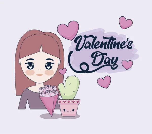 Tarjeta de día de San Valentín con linda chica — Vector de stock