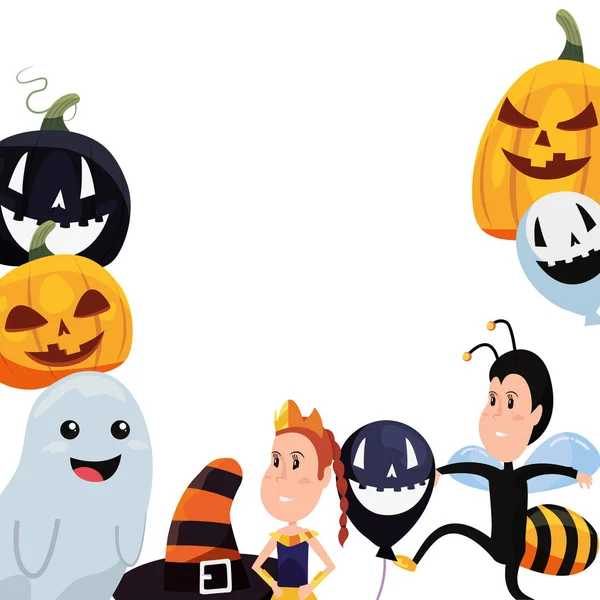 Halloween chico y chica con disfraces globo calabaza y fantasma — Vector de stock