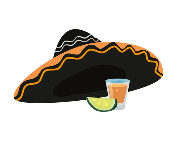 Sombrero mexicano limón y tequila — Vector de stock