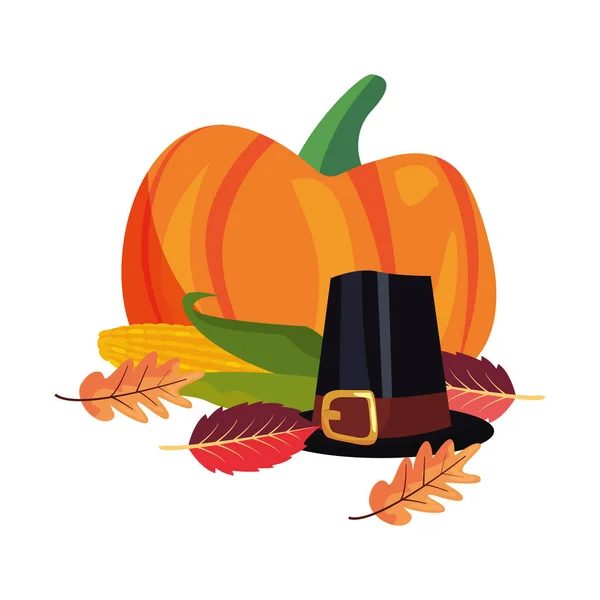 Citrouille et Thanksgiving chapeau feuilles de maïs — Image vectorielle