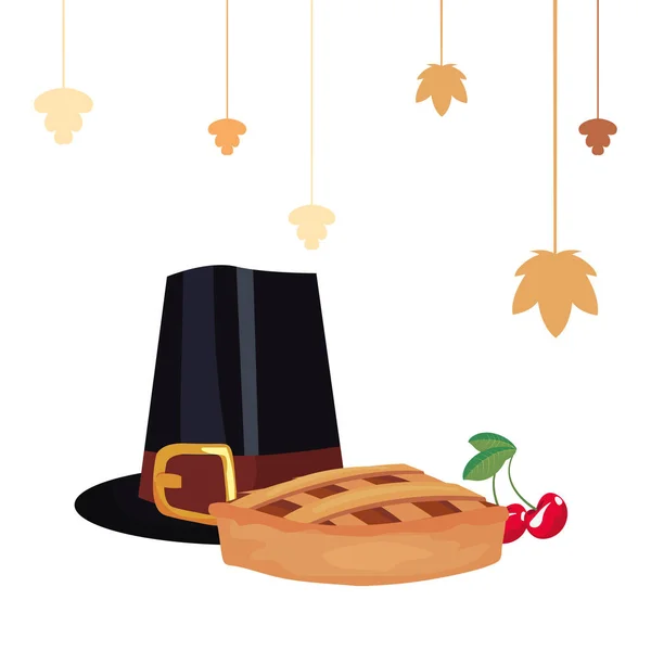 Thanksgiving Chapeau Feuilles Cerises Gâteau Vecteur Illustration Vectorielle Illustration — Image vectorielle