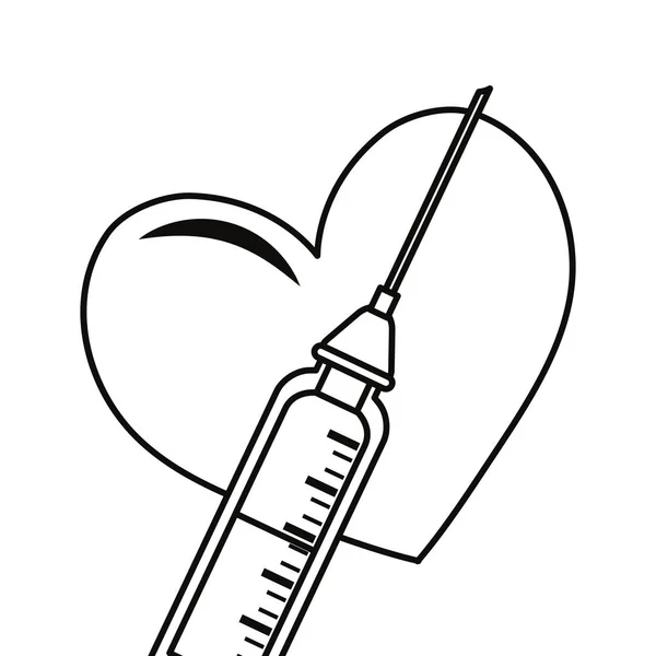 Kalp Bakım Şırınga Aşı Tıp Vektör Çizim Anahat — Stok Vektör