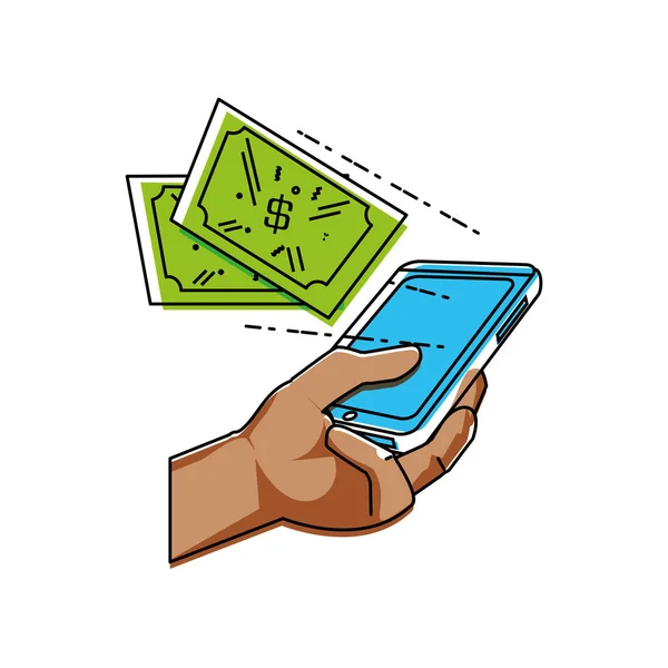 Рука с помощью смартфона с купюрами долларов — стоковый вектор