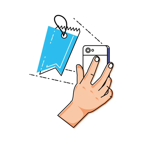 Mão usando smartphone com etiqueta comercial —  Vetores de Stock