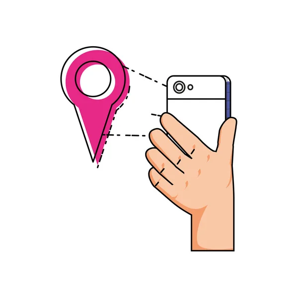 Mão usando smartphone com localização ponteiro — Vetor de Stock