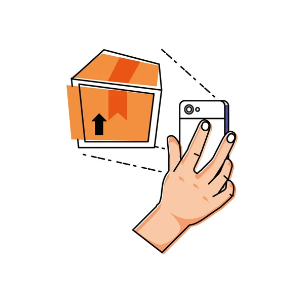 Main en utilisant smartphone avec boîte de livraison — Image vectorielle