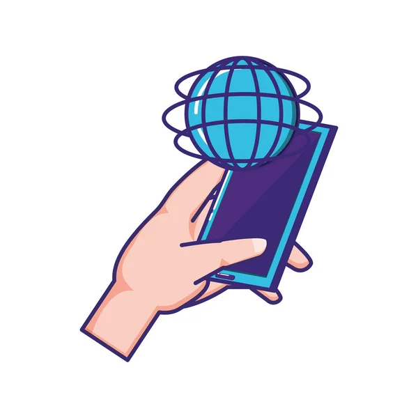 Mano usando smartphone con esfera planeta — Vector de stock