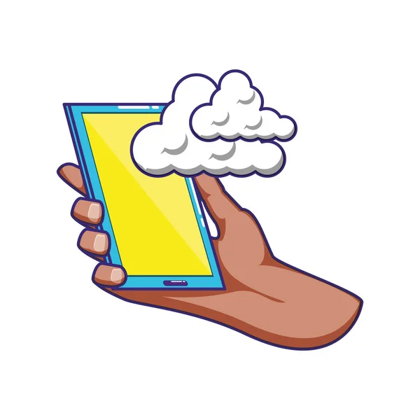 Mano usando smartphone con nubes — Vector de stock