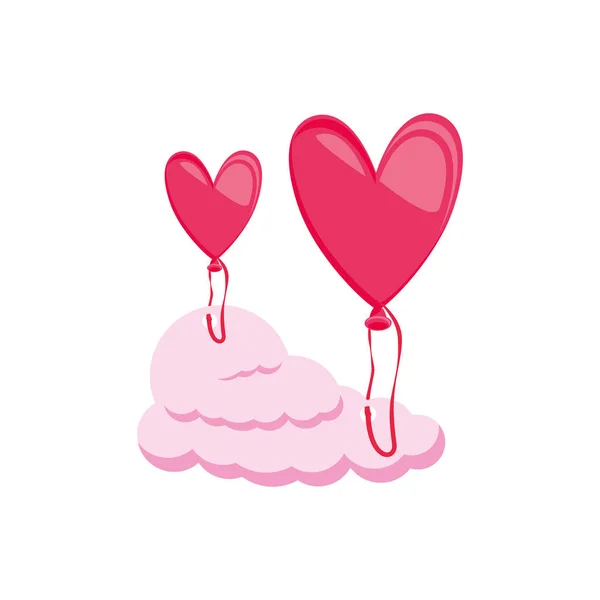 Ballons hélium en forme de coeur avec nuage — Image vectorielle