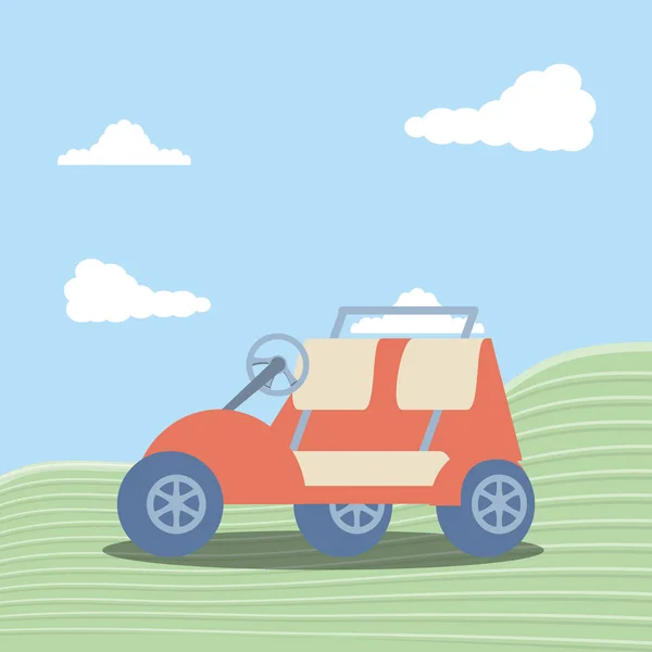 Golf car in grass with sky and clouds — стоковый вектор