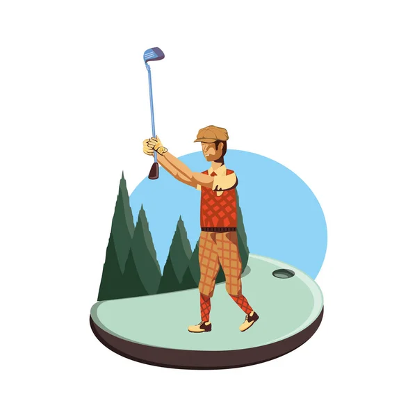 Golfeur avec terrain et bâton de golf — Image vectorielle