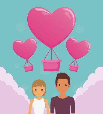 aşık çift ve balon hava kalp şekli ile sıcak