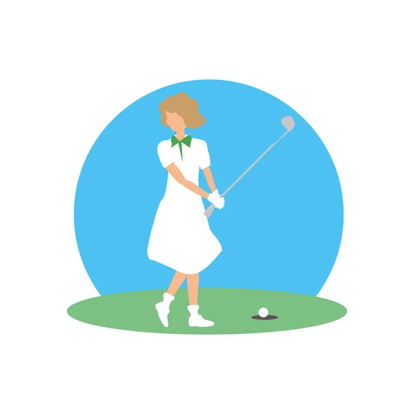 Golfista mujer con campo y palo de golf — Vector de stock