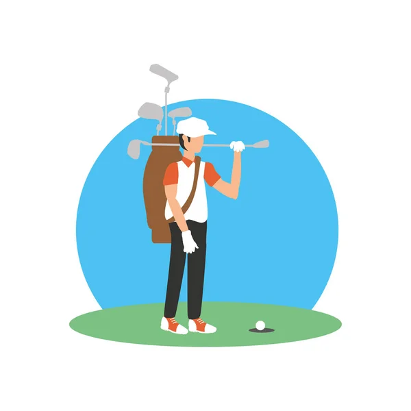 Golfista com campo e paus de golfe —  Vetores de Stock