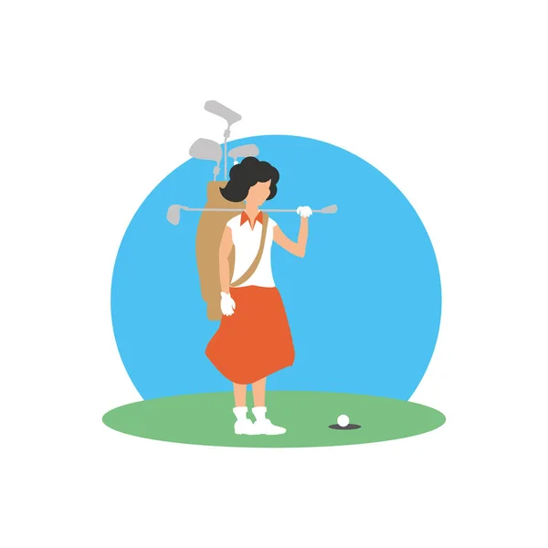 Golfista mujer con campo y palos de golf — Vector de stock