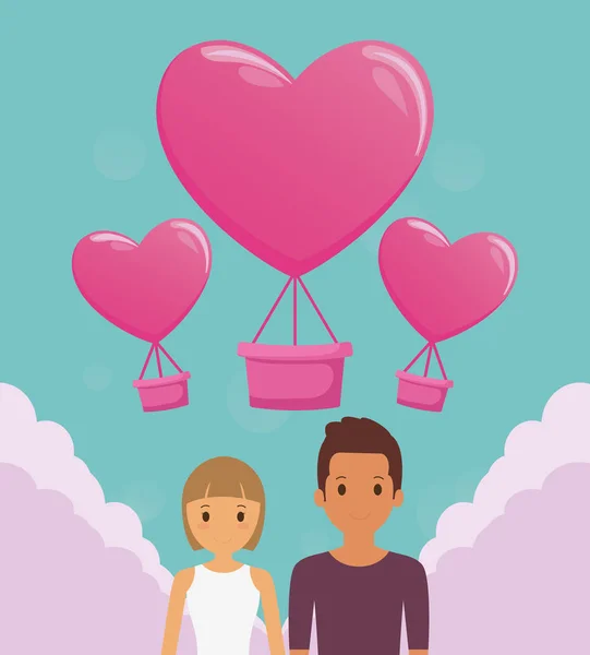 Amantes pareja y globos aire caliente con forma de corazón — Vector de stock