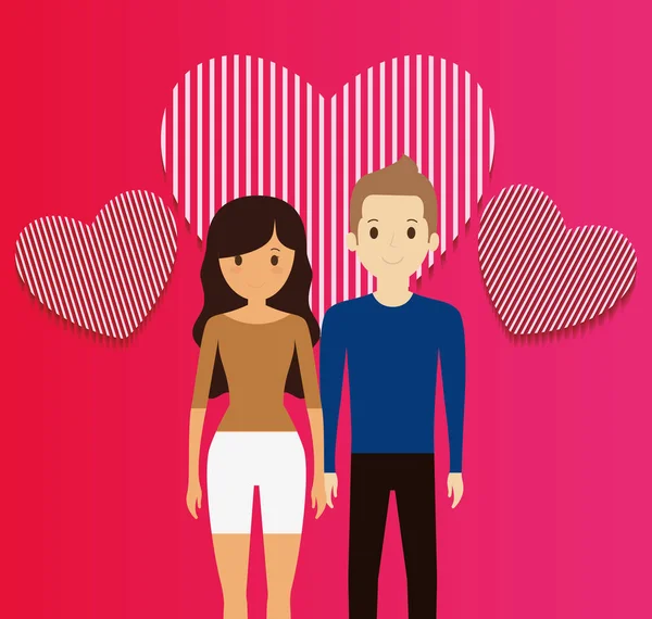 Amantes pareja con corazones flotando — Vector de stock