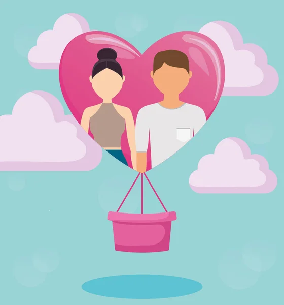 Amoureux couple en ballon air chaud avec forme de coeur — Image vectorielle