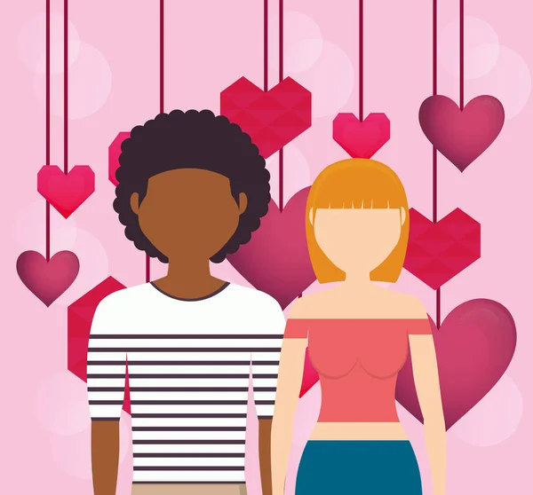 Amantes pareja con corazones colgando — Vector de stock