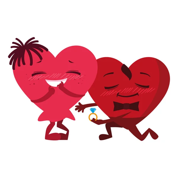 Hearts couple with engagement ring emoticons — Stock vektor
