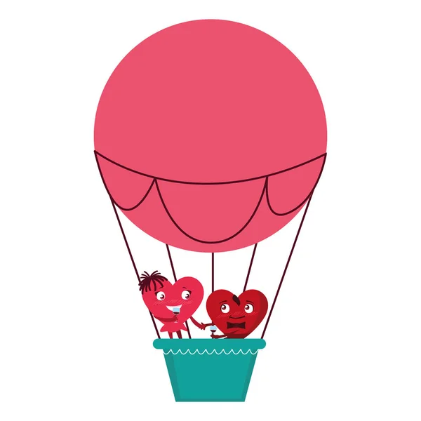 Corações casal voando em balão ar quente — Vetor de Stock