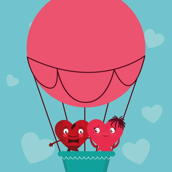 Corazones pareja volando en globo aire caliente — Vector de stock