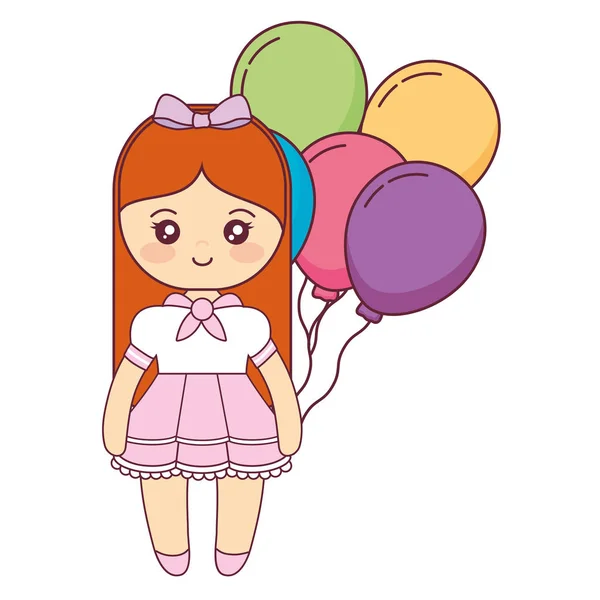 Linda y pequeña niña con globos de helio — Vector de stock