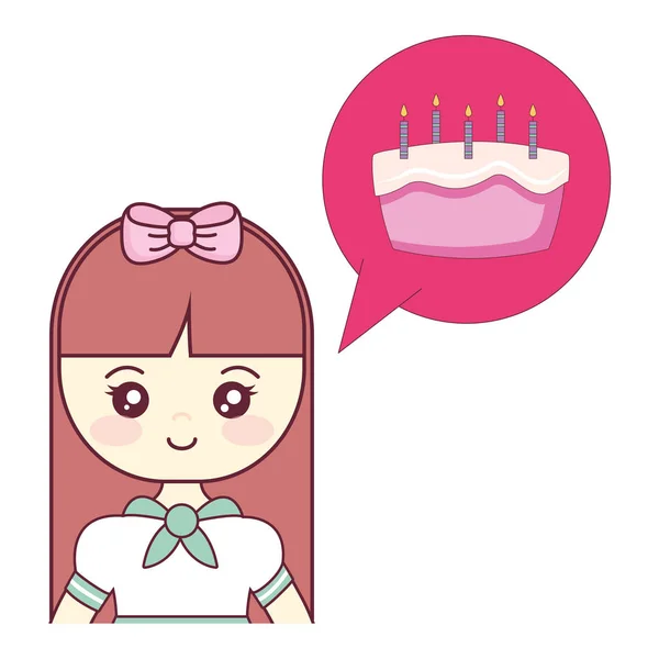 Cute and little girl thinking in sweet cake — Stock Vector