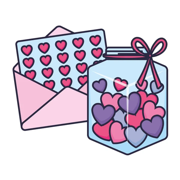 Schattig mason jar met liefde hartjes en envelop — Stockvector