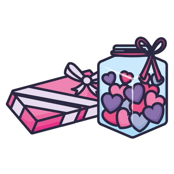 Lindo tarro de albañil con corazones de amor y regalo — Vector de stock