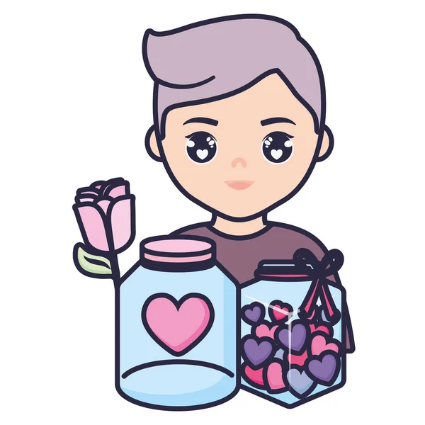 Adolescente chico joven con frascos y rosa — Vector de stock