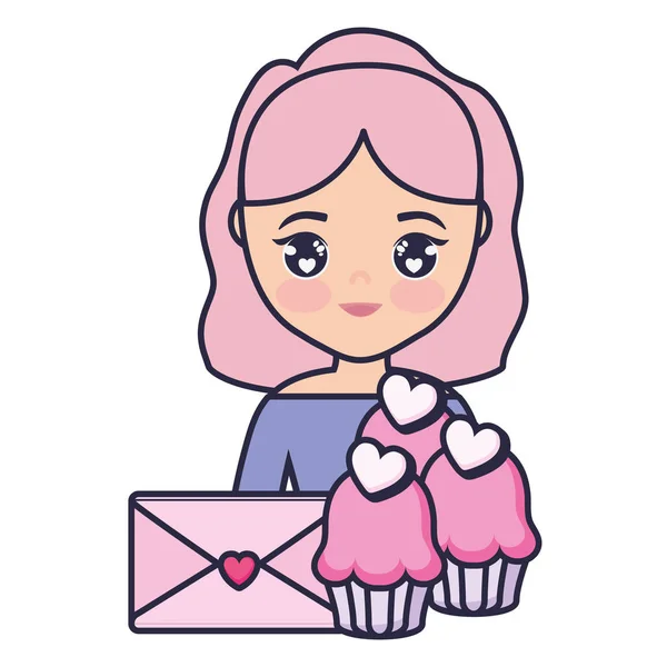 Niedliches kleines Mädchen mit Cupcakes und Umschlag — Stockvektor
