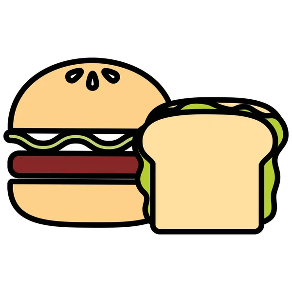 Hamburger Und Sandwich Auf Weißem Hintergrund Vektorillustration — Stockvektor