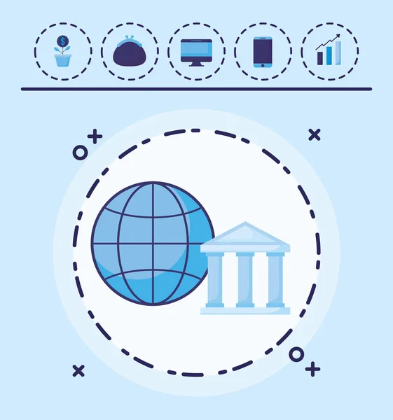 Budynek Banku Kula Globalny Ikona Niebieskim Tle Ilustracji Wektorowych — Wektor stockowy