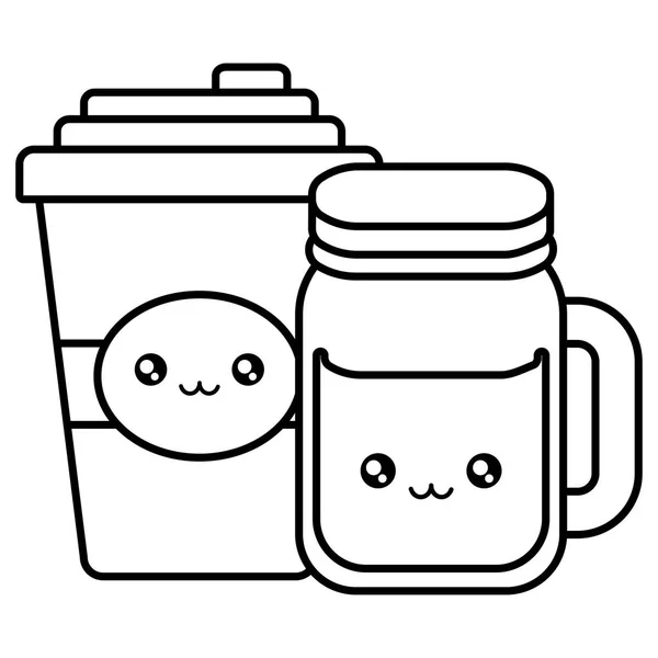 Recipiente de plástico taza y frasco caracteres kawaii — Vector de stock