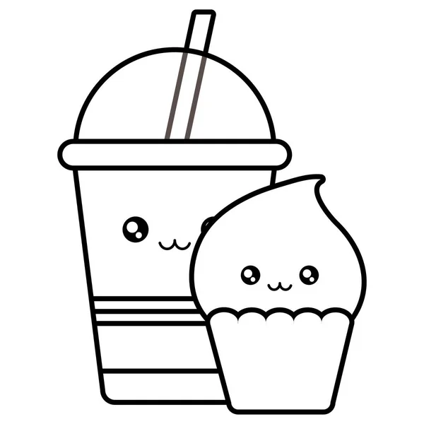 美味的纸杯蛋糕和饮料在塑料卡瓦伊字符 — 图库矢量图片