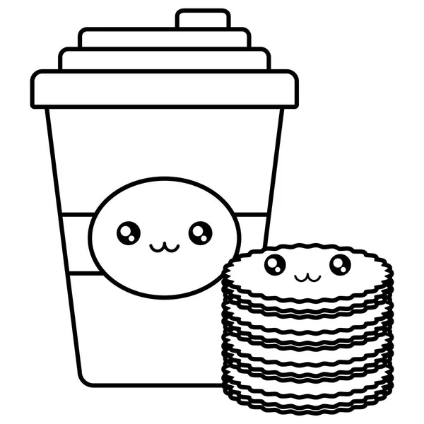 Recipiente de plástico taza y galletas caracteres kawaii — Vector de stock