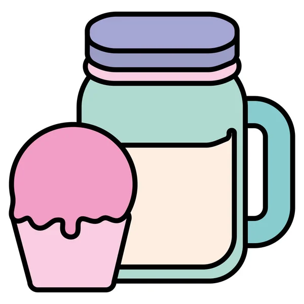 Lindo frasco de bebida con cupcake — Vector de stock