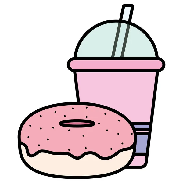 Taza de plástico con paja y donut — Vector de stock