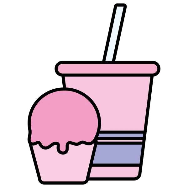 Plastic cup with straw and cupcake — Stock Vector