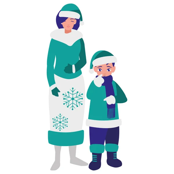 Милая мать и сын в зимней одежде — стоковый вектор