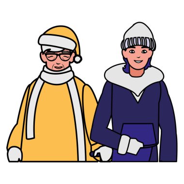 sevimli büyükanne ve kış giysileri ile oğlu