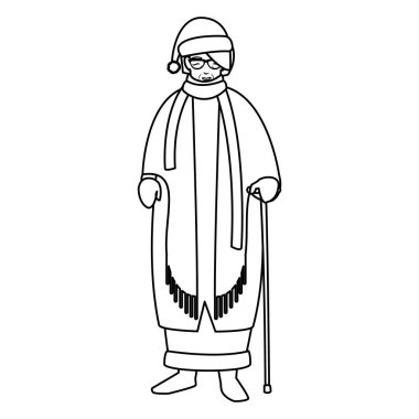 baston ve kış giysileri ile sevimli Büyükanne